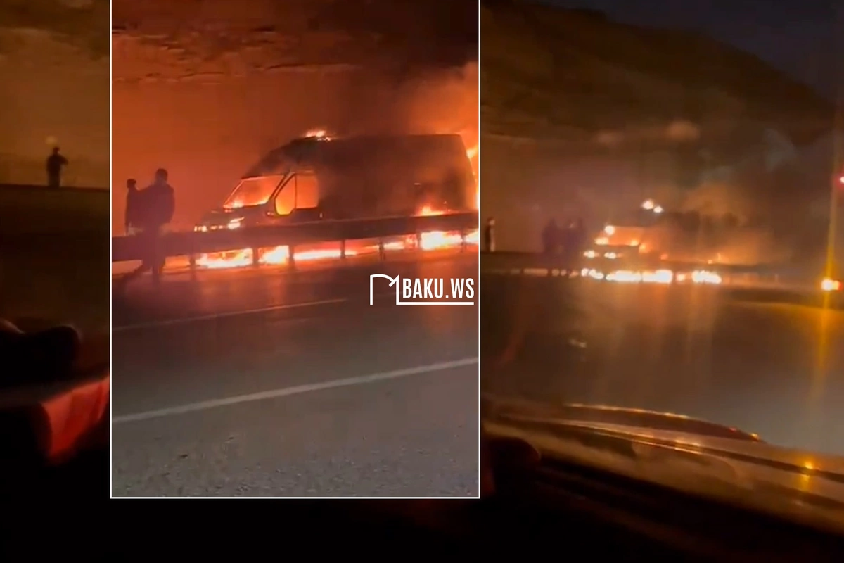 Lökbatan yolunda mikroavtobus yanıb