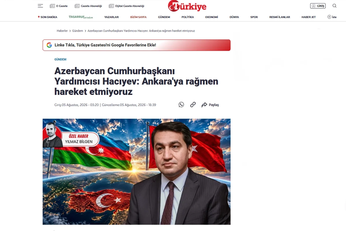 Hikmət Hacıyevin bəzi fikirləri Türkiye Gazetesində təhrif edilib