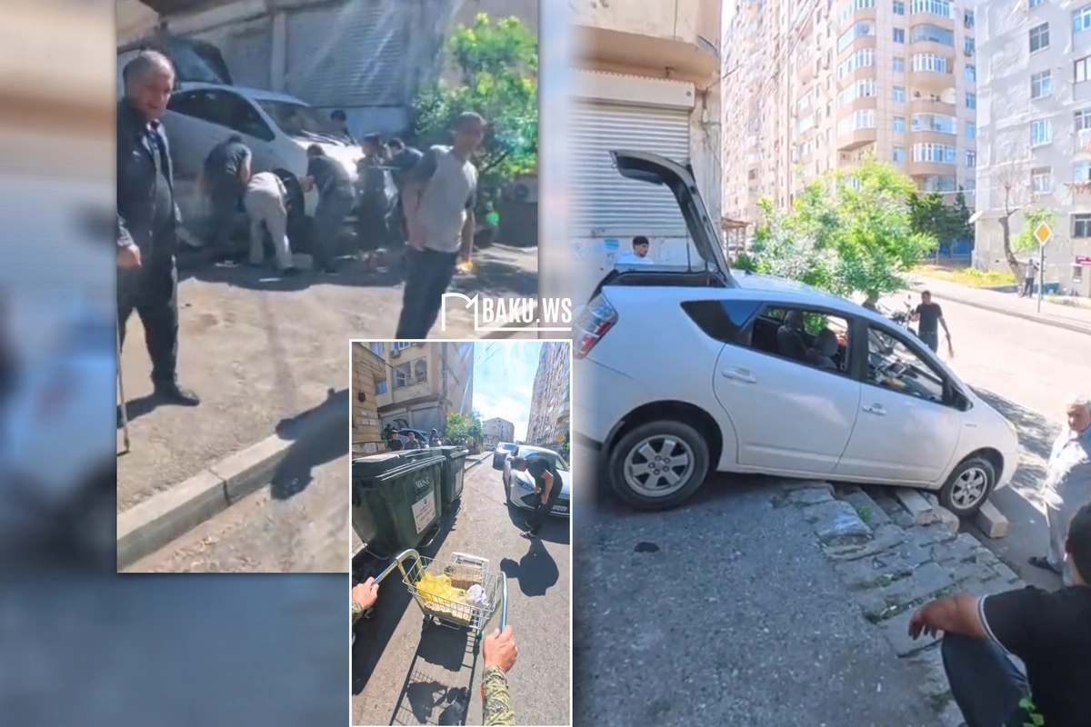 Yasamalda qəribə OLAY - Prius pilləkəndə ilişib qaldı, market arabası isə...