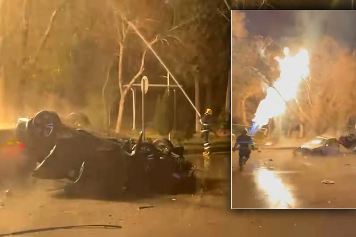 Bakıda Porschenin düşdüyü qəzada baş verən YANĞININ ANBAAN GÖRÜNTÜSÜ