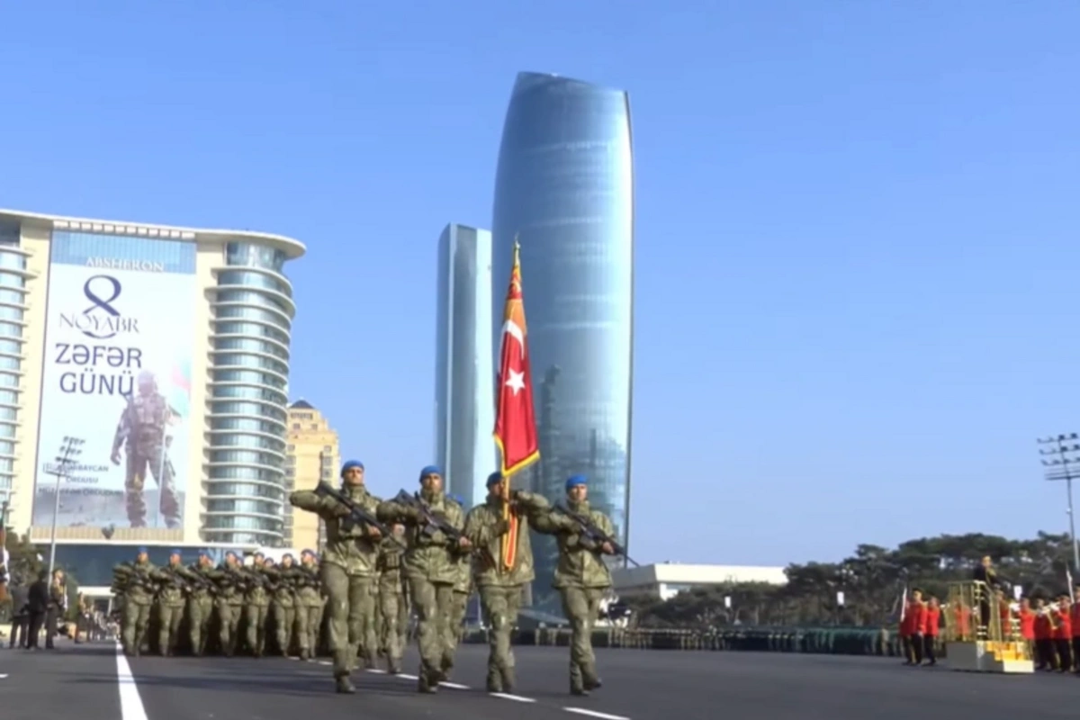 Turkish military personnel marched through Azadlig Square in Baku