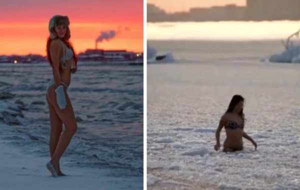 Девушка искупалась в ледяном Каспии (видео)