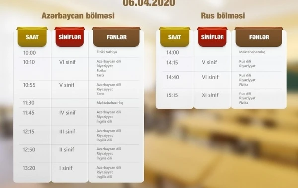 Aprelin 6-sı üçün teledərslərin CƏDVƏLİ