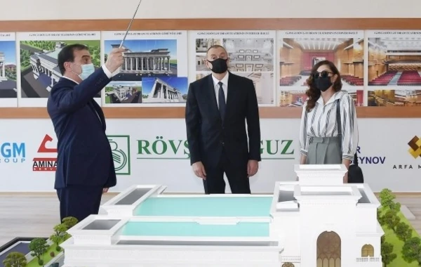 Prezident Gəncə Dövlət Dram Teatrının yeni binasının tikintisi ilə tanış olub - FOTO (YENİLƏNİB)