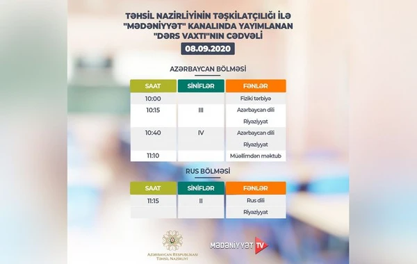 8 sentyabra olan dərs cədvəli açıqlanıb