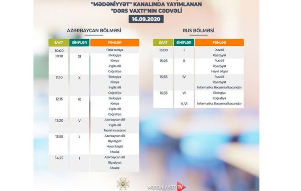 Teledərslərin sentyabrın 16-sı üçün cədvəli açıqlanıb