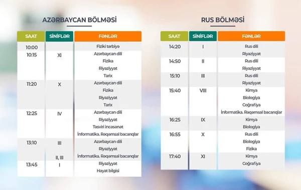 "Dərs vaxtı"nın sabaha olan cədvəli