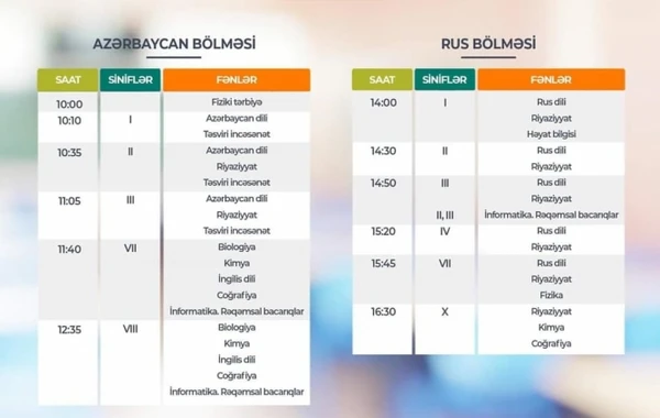 Sentyabrın 22-si üçün teledərslərin cədvəli açıqlanıb