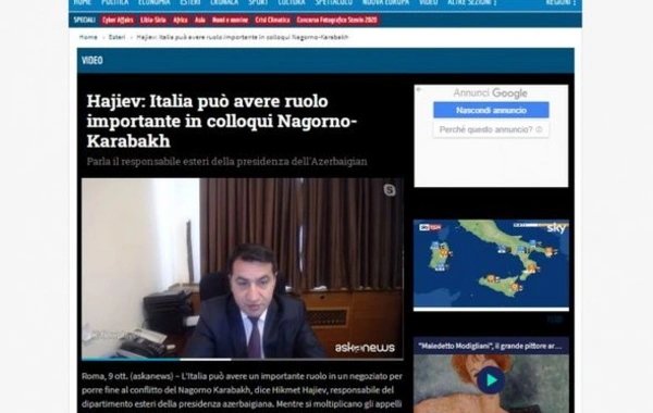 İtaliyanın aparıcı KİV-ləri Prezidentin köməkçisi Hikmət Hacıyevin müsahibəsini yayıb - FOTO