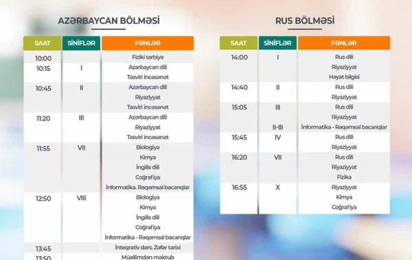 Teledərslərin oktyabrın 20-nə olan cədvəli