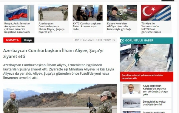 İlham Əliyevin Şuşaya səfəri Türkiyə mediası tərəfindən geniş işıqlandırılıb - FOTO