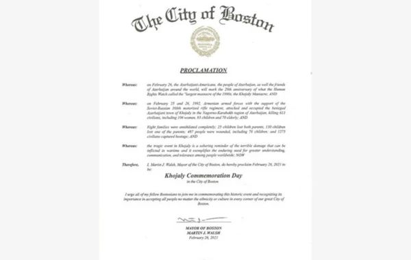 Boston şəhər meri 26 fevralı Xocalı soyqırımının anım günü elan edib
