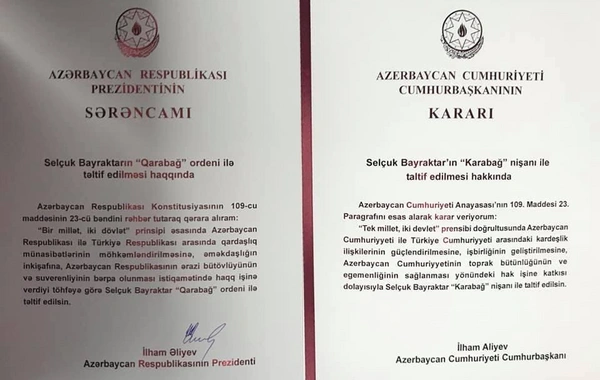 Selçuk Bayraktar "Qarabağ" ordeni ilə təltif edilib - FOTO