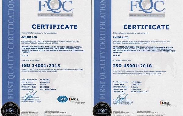 Avrora Qrup iki beynəlxalq sertifikat alıb: İSO 14001:2015 və İSO 45001:2018