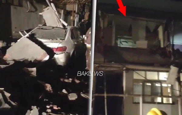 Bakıda partlayış: Binanın eyvanı uçdu, "Mercedes" yararsız vəziyyətə düşdü - VİDEO