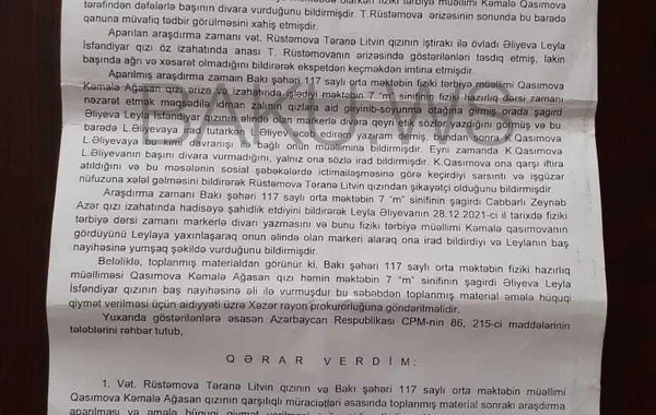Şagirdi döydüyü iddia edilən müəllimin günahsızlığı sübut olundu - RƏSMİ/FOTO