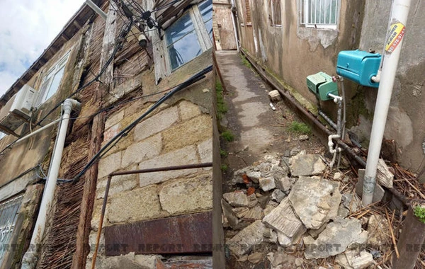 Bakıda güclü külək nəticəsində yaşayış binasının bir hissəsi uçdu - FOTO