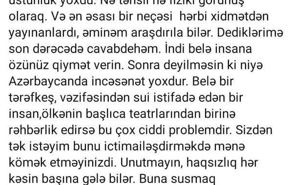 Teatr direktoru Nüsrət Kəsəmənlinin qazi nəvəsini işə götürmədi - FOTO
