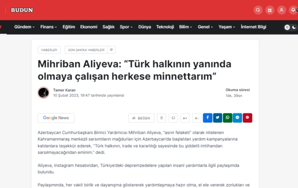 Mehriban Əliyevanın paylaşımı Türkiyə mediasının gündəmində - FOTO