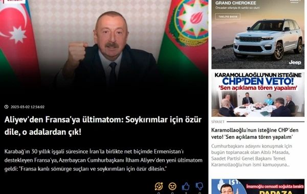 Türkiyə KİV-ləri: “Prezident Əliyev Fransaya sərt etirazını bildirdi” - FOTO