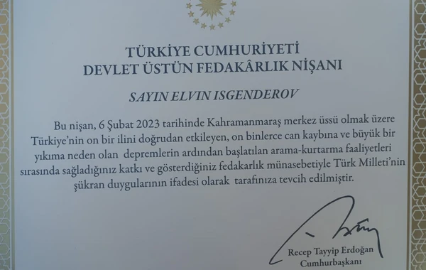 Azərbaycanlı xilasedici Türkiyə dövləti tərəfindən təltif olunub - FOTO