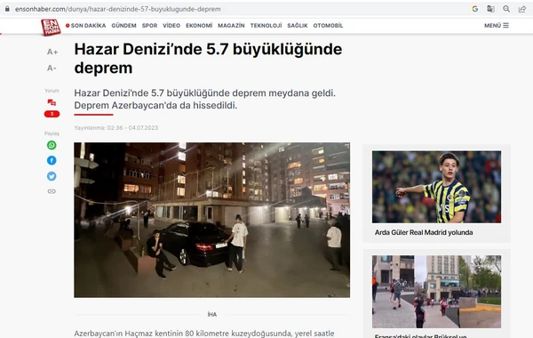 Azərbaycandakı 5,7 bal gücündəki zəlzələ TÜRKİYƏ MƏTBUATINDA - FOTO/VİDEO