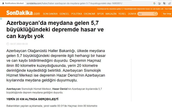 Azərbaycandakı 5,7 bal gücündəki zəlzələ TÜRKİYƏ MƏTBUATINDA - FOTO/VİDEO