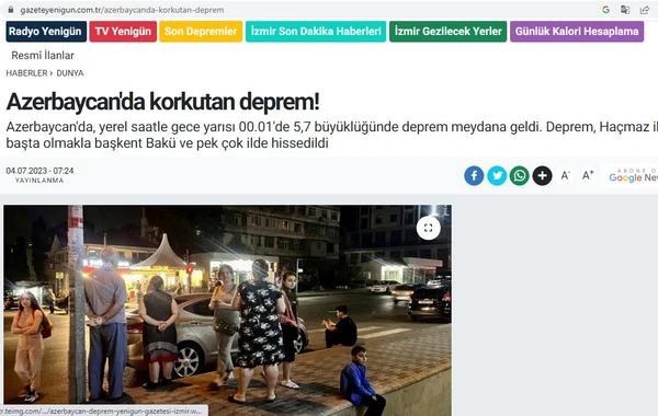 Azərbaycandakı 5,7 bal gücündəki zəlzələ TÜRKİYƏ MƏTBUATINDA - FOTO/VİDEO