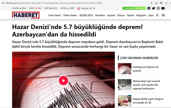 Azərbaycandakı 5,7 bal gücündəki zəlzələ TÜRKİYƏ MƏTBUATINDA - FOTO/VİDEO