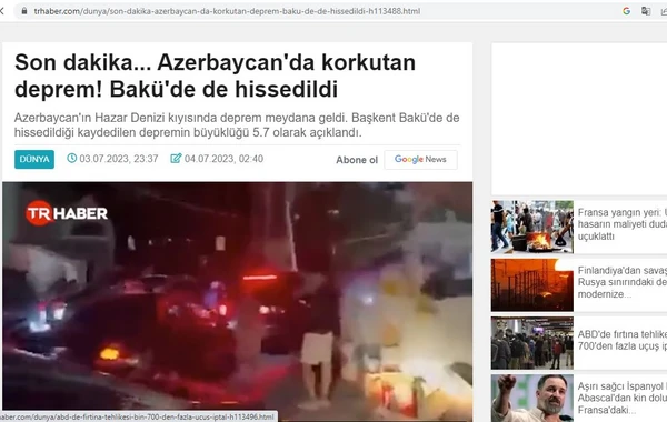 Azərbaycandakı 5,7 bal gücündəki zəlzələ TÜRKİYƏ MƏTBUATINDA - FOTO/VİDEO