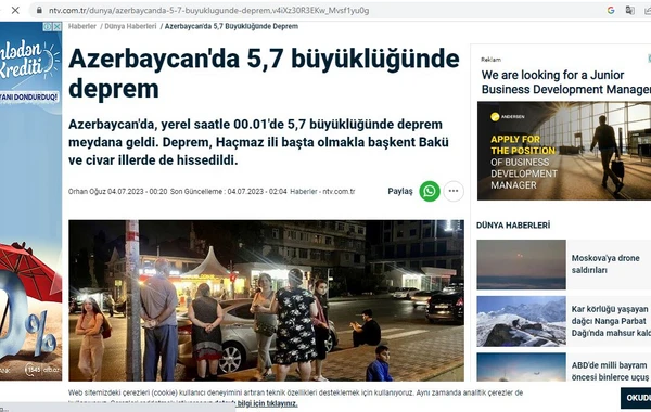 Azərbaycandakı 5,7 bal gücündəki zəlzələ TÜRKİYƏ MƏTBUATINDA - FOTO/VİDEO