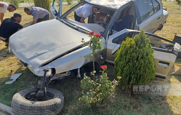 Naxçıvanda avtomobil bordürə dəyərək aşdı - FOTO