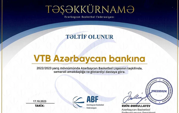 VTB (Azərbaycan) milli basketbol liqası ilə rəsmi tərəfdaşlığı davam etdirir - FOTO