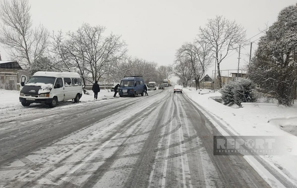 Сильный снегопад парализовал движение транспорта в Шеки - ФОТО