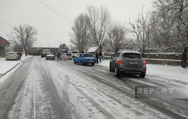 Сильный снегопад парализовал движение транспорта в Шеки - ФОТО