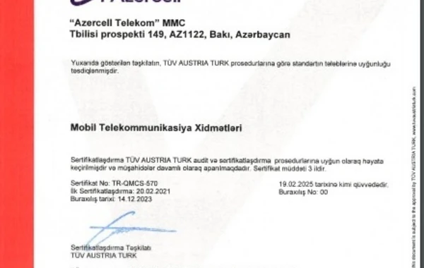 Azercell keyfiyyətin idarə olunması üzrə beynəlxalq sertifikata layiq görüldü - FOTO