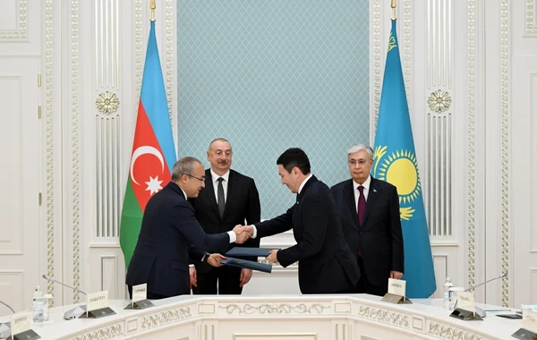 Astanada Azərbaycan ilə Qazaxıstan arasında imzalanmış Səhmdarlar Müqaviləsinin mübadiləsi mərasimi olub - FOTO