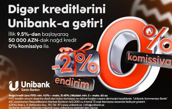Unibankın Yeni il kampaniyası davam edir: 0 % komissiya, 2 % endirim!