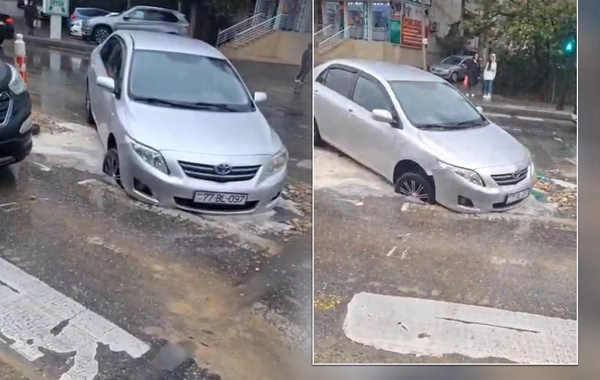 Bakıda maşın yolda qazılmış çuxura düşüb