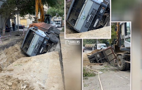 В Баку КамАЗ провалился в яму