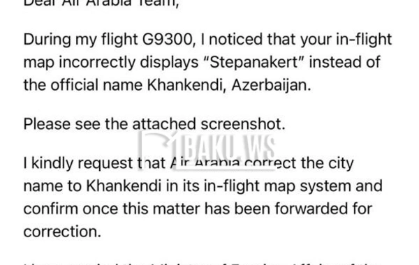 Air Arabia-nın xəritəsində Xankəndinin adı hələ də təhrif olunaraq yazılır