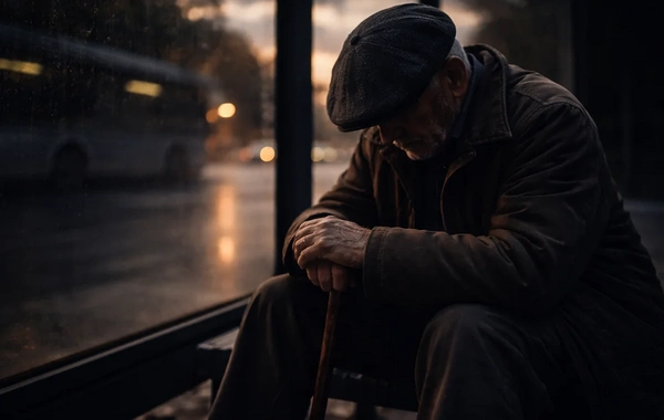 Xırdalanda yaşlı kişi avtobus dayanacağında gecələyir