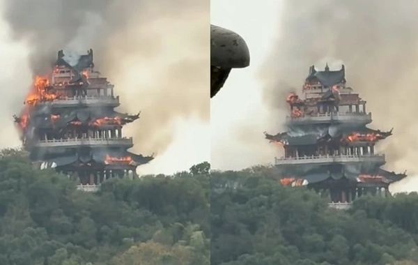 Мощный пожар охватил 1500-летний храм в Китае