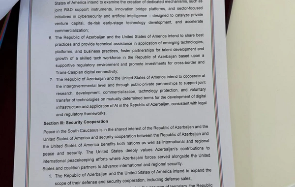 Azərbaycanla ABŞ arasında Strateji Tərəfdaşlıq Xartiyası imzalanıb