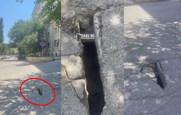Опасная яма в центре Баку: дорога продолжает разрушаться