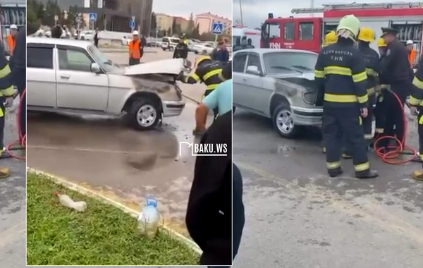 Sumqayıtda dəmiryol vağzalının qarşısında avtomobil yandı