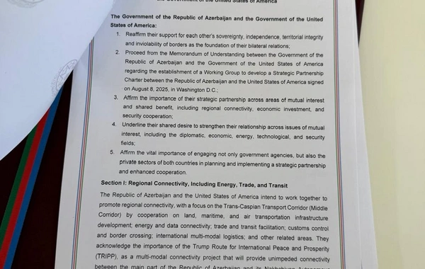 Azərbaycanla ABŞ arasında Strateji Tərəfdaşlıq Xartiyası imzalanıb