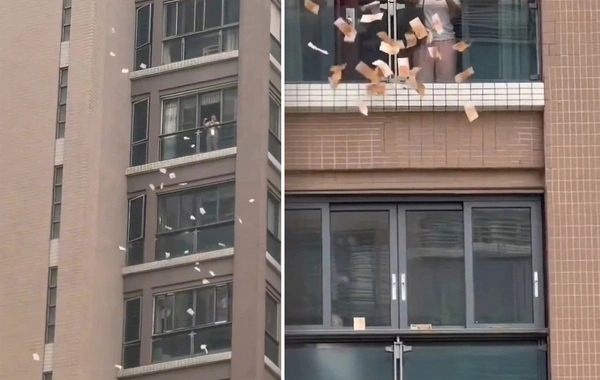 Qadın balkondan milyonlar səpdi – izdiham yaşandı