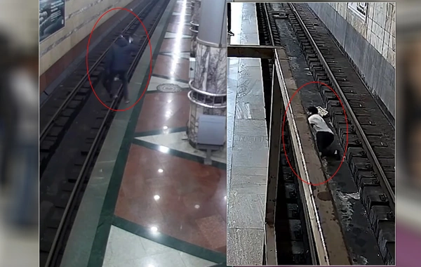 Bakı metrosunda qatar relslərinə düşənlərin görüntüləri