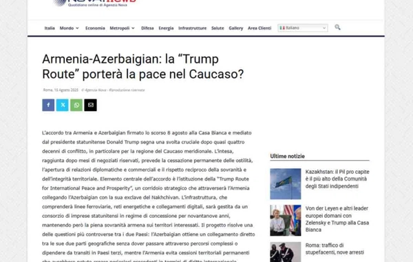 İtaliya portalı Azərbaycanla Ermənistan arasında tarixi sülh razılaşmasının əhəmiyyətindən yazıb